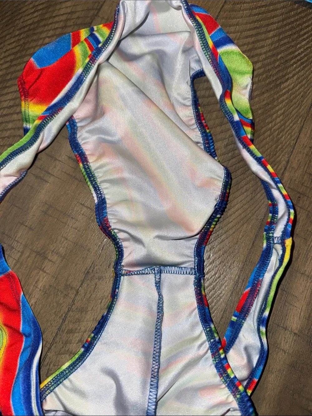 Colorful Swirl Men’s Bikini Bottom - Rainbow Print for swim, tanning, or posing